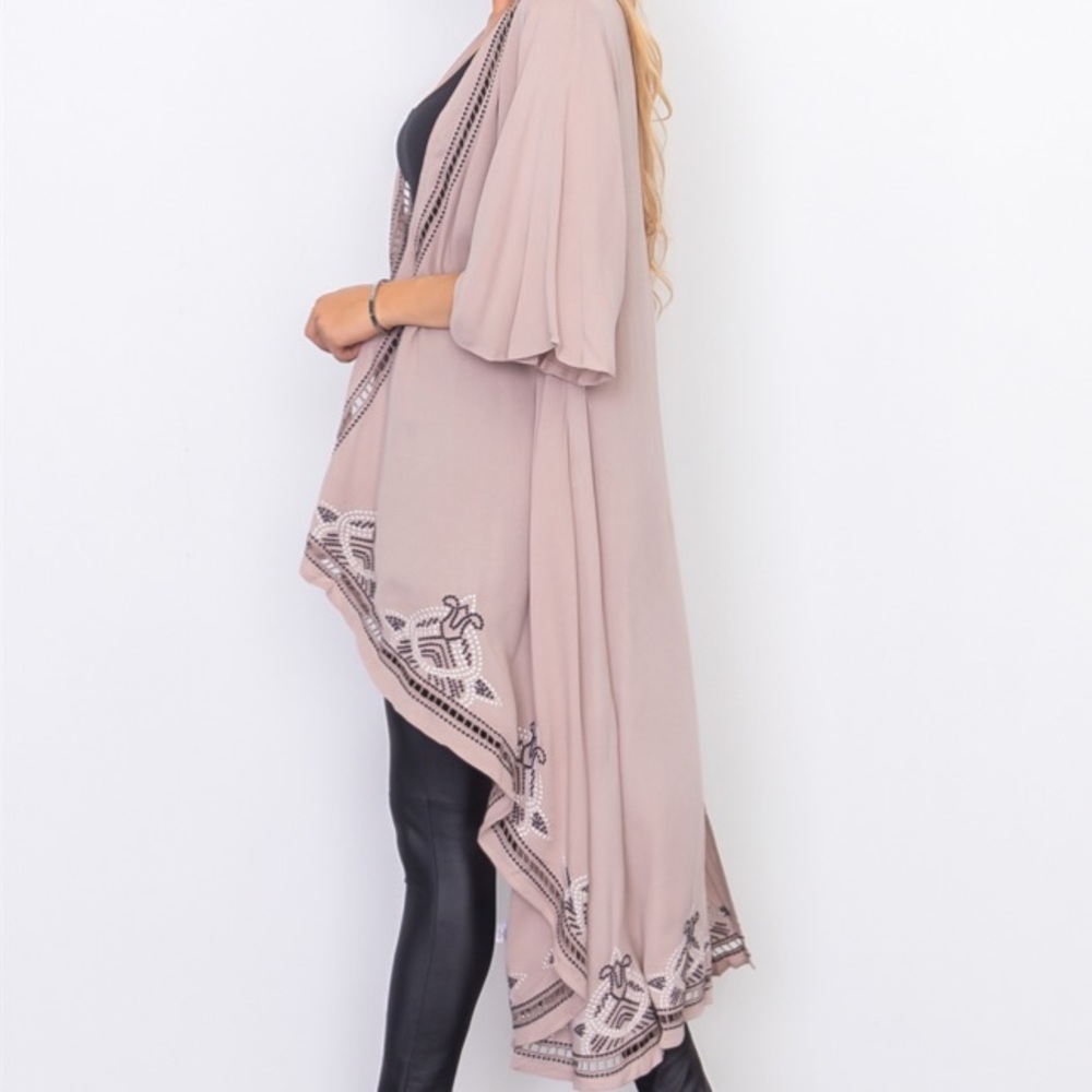 ❤️LAST NEW S Taupe Crochet Trim Long Kimono - Picture 5 of 8